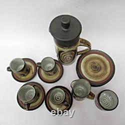Ensemble de café Briglin vintage, poterie de studio rétro des années 1970, 16 pièces, design enroulé