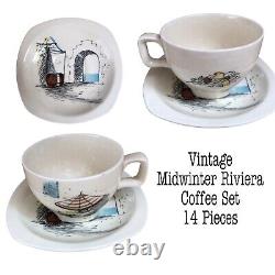 Ensemble de café MCM Midwinter Riviera 14 pièces en porcelaine blanche, bleue et noire vintage en très bon état (VGC)