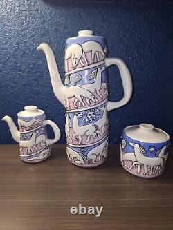 Ensemble de café MCM Vintage Sargadelos ESPAGNE Poterie Rose Bleue Chevaux Étoiles MINT