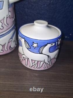 Ensemble de café MCM Vintage Sargadelos ESPAGNE Poterie Rose Bleue Chevaux Étoiles MINT