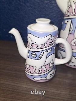 Ensemble de café MCM Vintage Sargadelos ESPAGNE Poterie Rose Bleue Chevaux Étoiles MINT