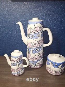 Ensemble de café MCM Vintage Sargadelos ESPAGNE Poterie Rose Bleue Chevaux Étoiles MINT