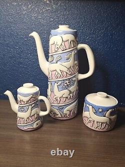 Ensemble de café MCM Vintage Sargadelos ESPAGNE Poterie Rose Bleue Chevaux Étoiles MINT