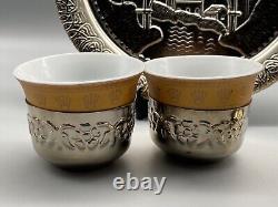 Ensemble de café bosniaque vintage en argent métallique dans une boîte en porcelaine