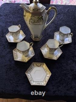 Ensemble de café/chocolat Vtg Noritake en or Moriage avec 4 tasses et 5 soucoupes