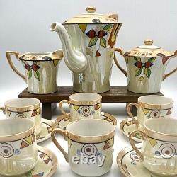 Ensemble de café en demi-tasse vintage Lutsterware peint à la main 14 pièces Art Déco Japon