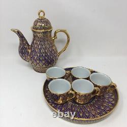 Ensemble de café en porcelaine Benjarong Windsor bleu et doré, artisanat thaïlandais vintage