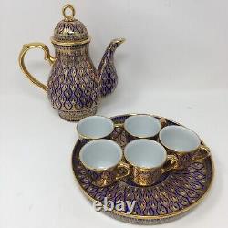 Ensemble de café en porcelaine Benjarong Windsor bleu et doré, artisanat thaïlandais vintage
