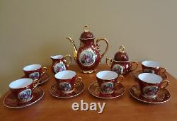 Ensemble de café en porcelaine victorienne irisée bordeaux et or VTG New Ys, 17 pièces