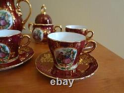 Ensemble de café en porcelaine victorienne irisée bordeaux et or VTG New Ys, 17 pièces