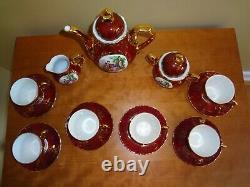 Ensemble de café en porcelaine victorienne irisée bordeaux et or VTG New Ys, 17 pièces