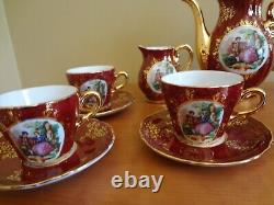 Ensemble de café en porcelaine victorienne irisée bordeaux et or VTG New Ys, 17 pièces