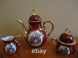 Ensemble de café en porcelaine victorienne irisée bordeaux et or VTG New Ys, 17 pièces