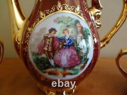 Ensemble de café en porcelaine victorienne irisée bordeaux et or VTG New Ys, 17 pièces
