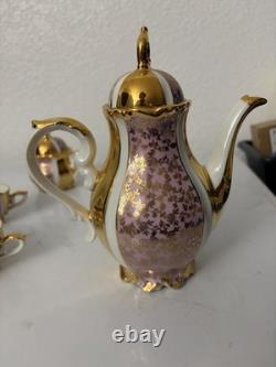 Ensemble de café en porcelaine vintage Wawel fabriqué en Pologne, service à café pour 6 personnes avec théière, sucre, tasses et soucoupes.