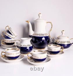 Ensemble de café en porcelaine vintage pour 6 personnes, service à café bleu cobalt et or, années 1970