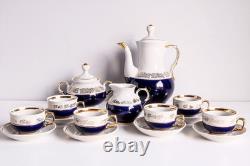 Ensemble de café en porcelaine vintage pour 6 personnes, service à café bleu cobalt et or, années 1970