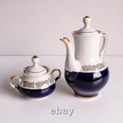 Ensemble de café en porcelaine vintage pour 6 personnes, service à café bleu cobalt et or, années 1970