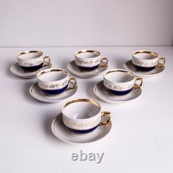 Ensemble de café en porcelaine vintage pour 6 personnes, service à café bleu cobalt et or, années 1970