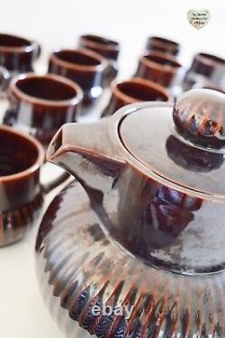 Ensemble de café et thé RARE 15 pièces en grès portugais des années 1980 rétro marron glacé