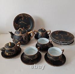 Ensemble de café et thé vintage Eiho japonais peint à la main en noir et or, 17 pièces