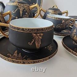 Ensemble de café et thé vintage Eiho japonais peint à la main en noir et or, 17 pièces