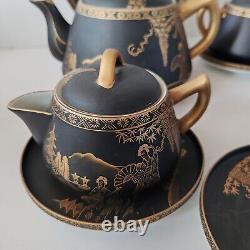 Ensemble de café et thé vintage Eiho japonais peint à la main en noir et or, 17 pièces