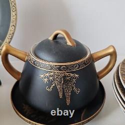 Ensemble de café et thé vintage Eiho japonais peint à la main en noir et or, 17 pièces