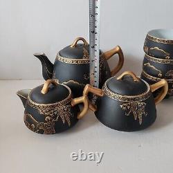 Ensemble de café et thé vintage Eiho japonais peint à la main en noir et or, 17 pièces