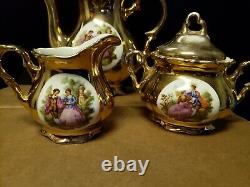 Ensemble de café / thé Demi-tasse Fragonard en or de Bavière, Allemagne, vintage, 9 pièces