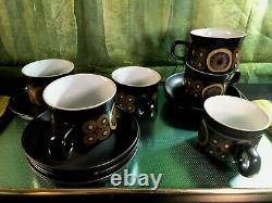 Ensemble de café / thé Vintage Denby 70's Arabesque Pamberton comprenant 6 tasses et soucoupes, 12 pièces.