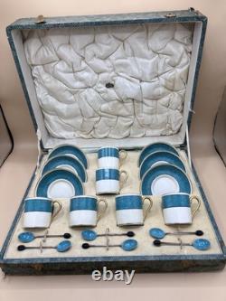 Ensemble de café/thé Vintage F. D & Co en turquoise dans une boîte en shagreen avec cuillères en argent des années 1900