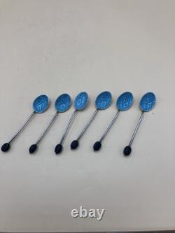 Ensemble de café/thé Vintage F. D & Co en turquoise dans une boîte en shagreen avec cuillères en argent des années 1900