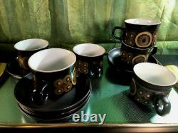 Ensemble de café/thé vintage Denby Arabesque Pamberton des années 70, 6 tasses et soucoupes, 12 pièces