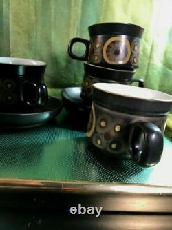 Ensemble de café/thé vintage Denby Arabesque Pamberton des années 70, 6 tasses et soucoupes, 12 pièces