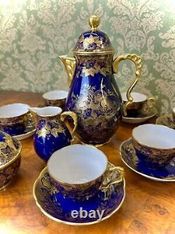 Ensemble de café/thé vintage Lindner Kueps Bavaria Echt Cobalt Blue et or 17 pièces