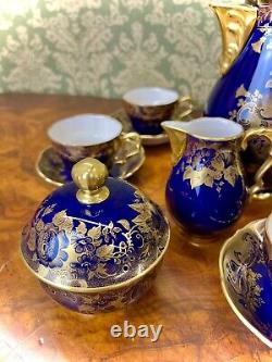 Ensemble de café/thé vintage Lindner Kueps Bavaria Echt Cobalt Blue et or 17 pièces