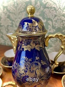 Ensemble de café/thé vintage Lindner Kueps Bavaria Echt Cobalt Blue et or 17 pièces