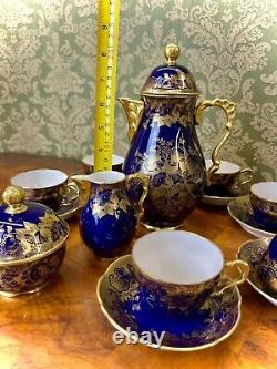 Ensemble de café/thé vintage Lindner Kueps Bavaria Echt Cobalt Blue et or, 17 pièces