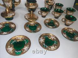 Ensemble de café-thé vintage Murano, verre vert émaillé à la main 24K vénitien