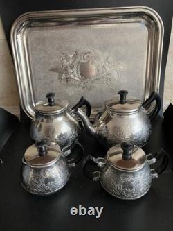 Ensemble de café/thé vintage avec plateau et 4 pièces de thé/café, pot à lait, pot à sucre URSS