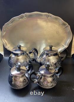 Ensemble de café/thé vintage de 5 pièces : théière, cafetière, pot à lait, sucrier et plateau en mélchior.