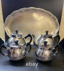 Ensemble de café/thé vintage de 5 pièces : théière, cafetière, pot à lait, sucrier et plateau en mélchior.