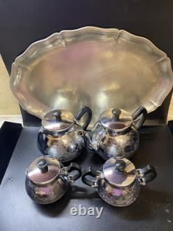 Ensemble de café/thé vintage de 5 pièces : théière, cafetière, pot à lait, sucrier et plateau en mélchior.