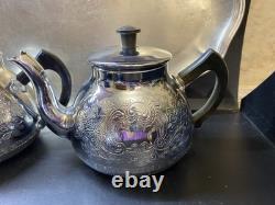 Ensemble de café/thé vintage de 5 pièces : théière, cafetière, pot à lait, sucrier et plateau en mélchior.