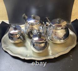 Ensemble de café/thé vintage de 5 pièces : théière, cafetière, pot à lait, sucrier et plateau en mélchior.