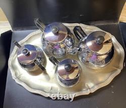 Ensemble de café/thé vintage de 5 pièces : théière, cafetière, pot à lait, sucrier et plateau en mélchior.