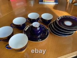 Ensemble de café vintage LFZ en porcelaine bleu cobalt et or pour 6 personnes