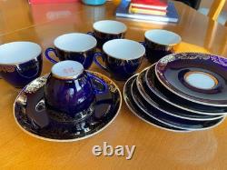 Ensemble de café vintage LFZ en porcelaine bleu cobalt et or pour 6 personnes