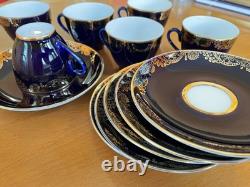 Ensemble de café vintage LFZ en porcelaine bleu cobalt et or pour 6 personnes
